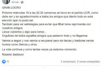 Sabbioni: “Nos vamos a recuperar pero sin lacras y traidores vende humos como Gainza”